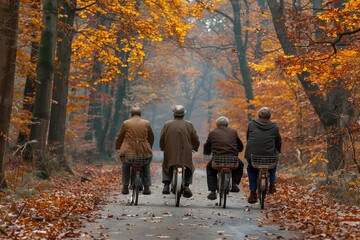 Group of friends having a delightful bike ride through picturesque forest trails