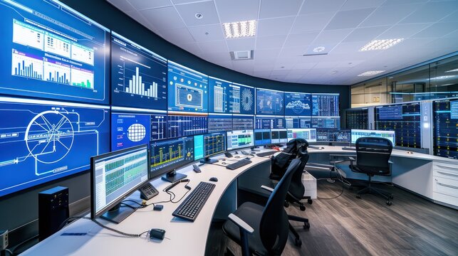 smart energy grid control room where engineers use real-time data and AI to manage renewable energy sources and optimize power distribution