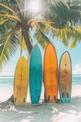 Colorful surfboards standing on the beach under palm trees.
