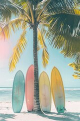 Colorful surfboards standing on the beach under palm trees.