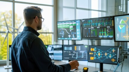 Fototapeta premium smart energy management office where engineers use real-time data to optimize energy production and consumption for sustainable living