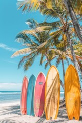 Colorful surfboards standing on the beach under palm trees.
