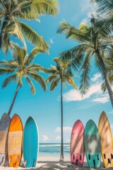 Colorful surfboards standing on the beach under palm trees.