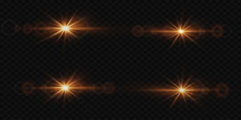 Set of glowing stars with a glare of light. Light effect of explosion and flash. On a transparent background.