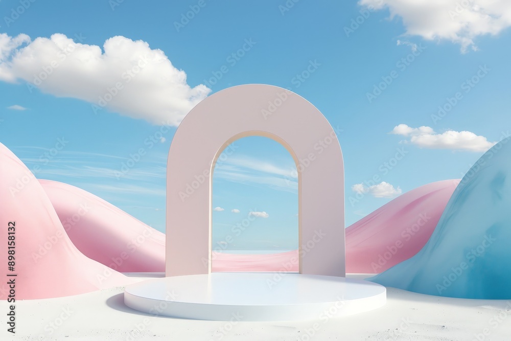 Poster A minimalistic arch structure stands in a surreal pastel landscape with blue skies and scattered clouds, creating a serene and futuristic atmosphere.