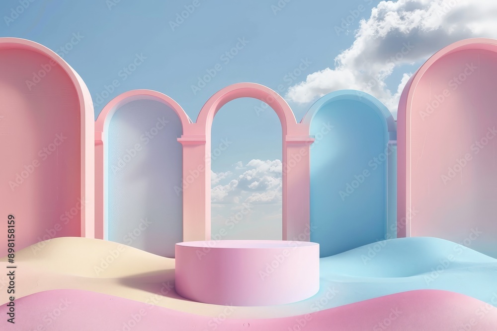 Poster this artwork displays multiple colorful arches against pastel dunes under a clear blue sky, merging 