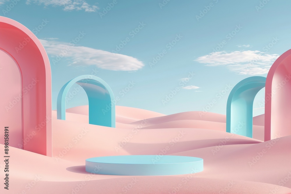 Poster modern architectural structures in the form of arches stand amidst pastel dunes under a serene blue 