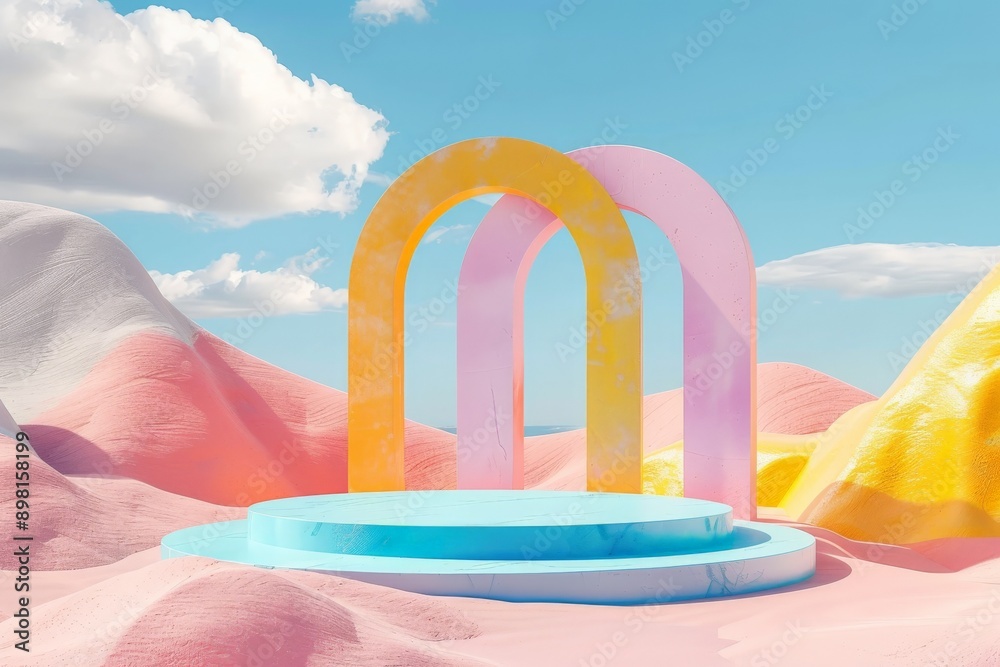 Poster A series of multicolored arches standing against a surreal pastel dreamscape under a clear sky, creating a vibrant and artistic fusion of modern architecture and fantasy.