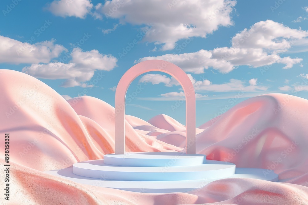 Aufkleber a dreamy desert landscape featuring abstract pastel arches under a blue sky with scattered clouds. t