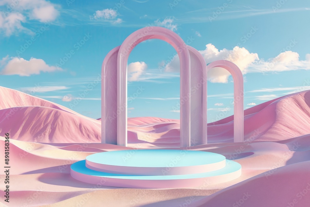 Poster a surreal desert landscape showcasing pastel-colored arches placed on circular platforms, creating a