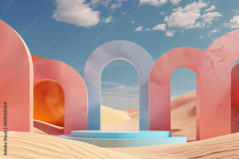 Poster this image features a surreal desert landscape with colorful arches, steps, and a clear blue sky, cr