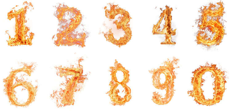 num&eacute;ro de 1 &agrave; 9 enflamm&eacute;s, lettres de feu isol&eacute;es sur fond transparent