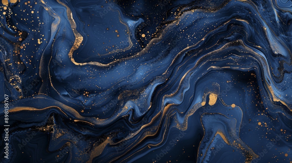 Aufkleber This image presents a fluid marble texture in shades of blue and gold, with abstract patterns swirling together to create a rich and mesmerizing visual experience.