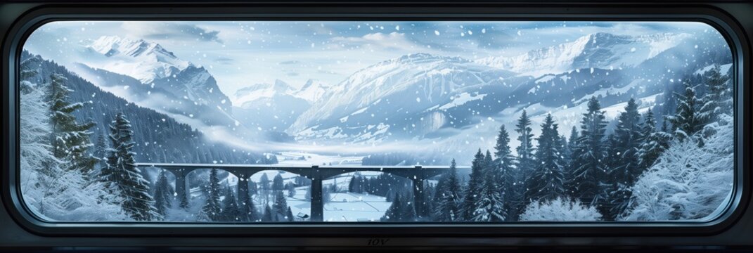 Winter mountain landscape with snow-capped peaks, valley below. Scenic view of Swiss Alps, perfect for travel agency, tourism. Snowy mountains, serene atmosphere for winter sports. - Powered by Adobe