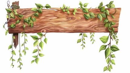 Obraz premium A beautifully illustrated wooden signpost with lively green leaves and foliage trailing around, creating an inviting, natural and eco-friendly atmosphere.