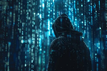 A hacker surrounded by floating data