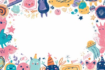 Fototapeta premium A playful and whimsical border filled with cute doodles, colorful characters, and various symbols, all surrounding an empty white space in the center, evoking joy and creativity.