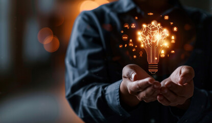 Businessman holding an AI icon with a lightbulb and icons for artificial intelligence technology.