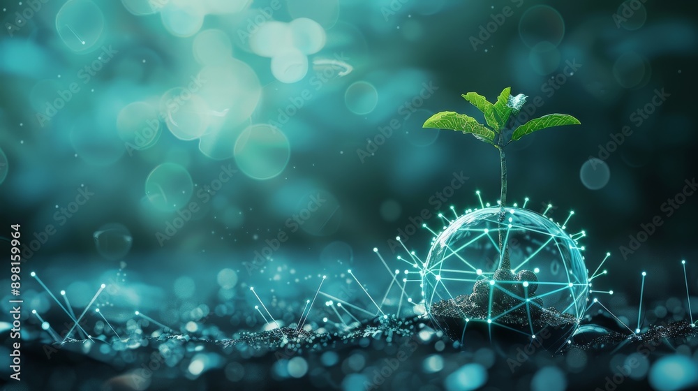 Aufkleber a sprout entwined with digital connections, depicting the blending of technology and nature against 