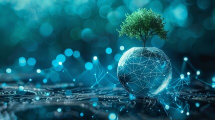 A digital futuristic concept showing a tree growing inside a sophisticated globe structure representing technology and nature integration, depicted in blue tones.