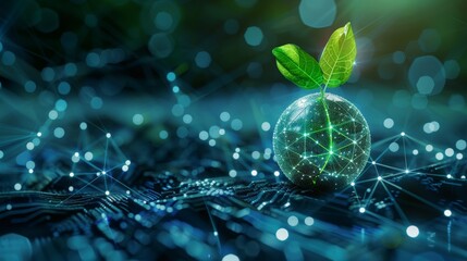 A digital globe adorned with green leaves symbolizes eco-tech integration over a detailed circuit board, merging nature and technology in a futuristic setting.
