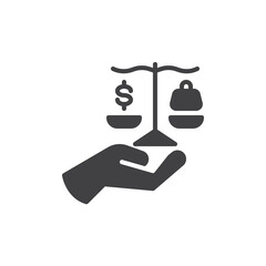 Hand holding a balance scale with debts and payments vector icon