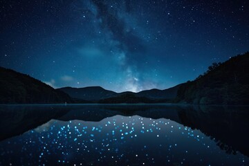 Night Sky Reflection on a Calm Lake Surrounded by Mountains