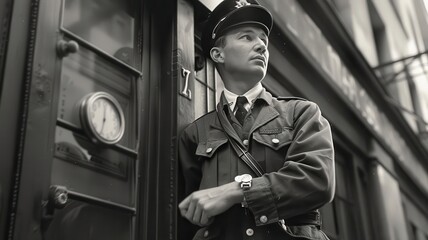 A vintage police officer stands watch, dressed in a classic uniform, capturing a moment from a bygone era.