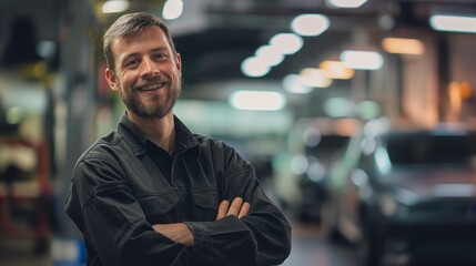 Obraz premium mechanic in uniform standing with arms crossed at a car service