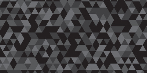  Geometric black and gray background seamless mosaic and low polygon triangle texture wallpaper. Triangle shape retro wall grid pattern geometric ornament tile vector square element background