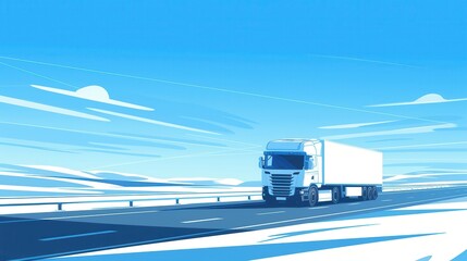 A white semi-truck drives on a highway under a blue sky with fluffy white clouds. Generative AI