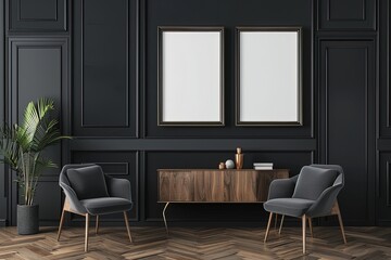 Frame mockup in Modern luxury living room interior background, dark interior of living room with black wall, Generative Ai 