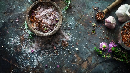 Coarse Salt with Spices and Garlic on Rustic Table