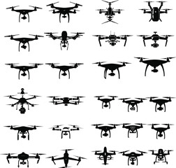 A comprehensive set of drone silhouettes in various shapes and designs, showcasing quadcopters, hexacopters, and other multi-rotor configurations.