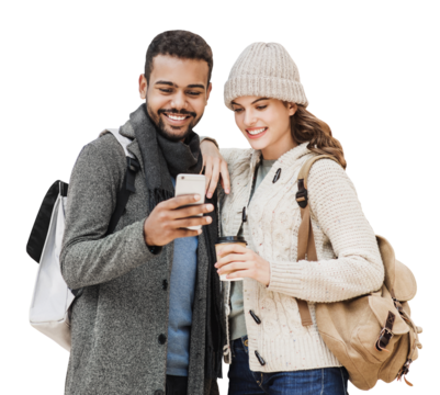 Beautiful happy young couple using smartphone isolated transparent PNG. Joyful smiling woman and man looking at mobile phone. Love, travel, tourism, students lifestyle concept