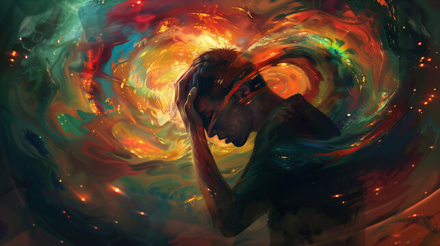 Dramatic abstract art, person in emotional distress or feeling intense emotions, landscape format with copy space for text or additions. Aspect ratio 16:9