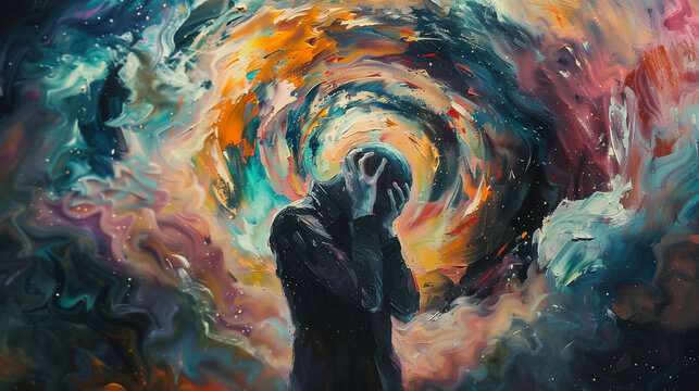 Dramatic abstract art, person in emotional distress or feeling intense emotions, landscape format with copy space for text or additions. Aspect ratio 16:9