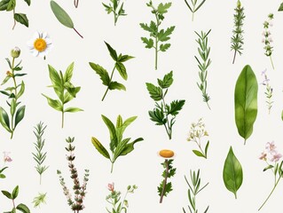 Botanical herbs and medicinal plants depicted in a seamless herbal design using watercolor style highlight the natural beauty and healing qualities of plants.