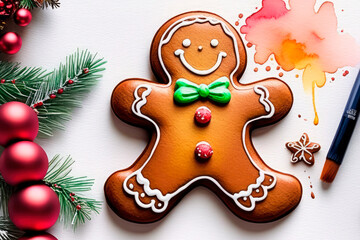 Fototapeta premium Christmas gingerbread man painted in watercolor on textured white paper with paint splashes and blotches. Christmas balls and fir branches on white background