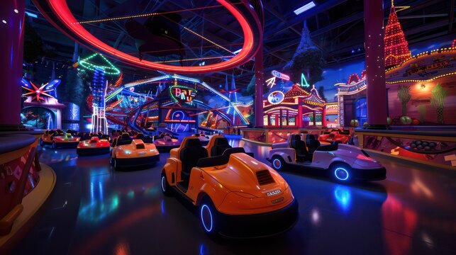 virtual reality theme park where visitors experience rides and attractions through immersive VR headsets