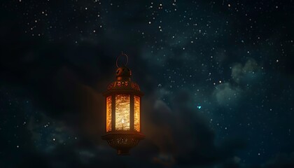 A single lantern floating high above, surrounded by the darkness of the night sky, symbolizing hope and peace.