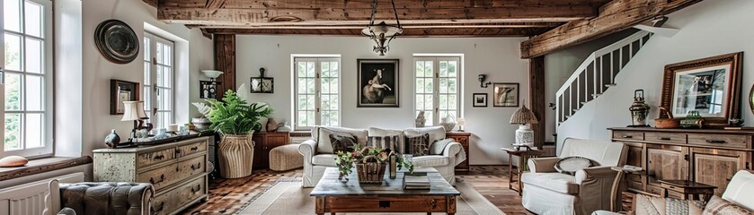 Cozy vintage farmhouse living room with exposed wooden beams and antique decor elements, rustic charm