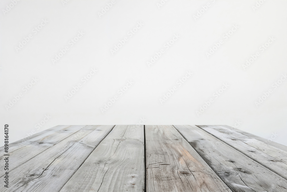 Poster empty wooden table perspective on white background for product placement