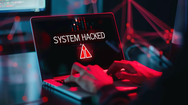 A cyberpunk-styled illustration of a person using a laptop with "SYSTEM HACKED" on the screen and an exclamation mark. A red triangle indicates a hacking incident. The scene conveys urgency and alarm,
