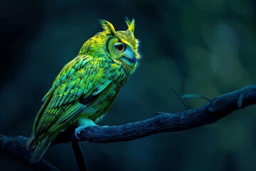 A vibrant green owl perched on a branch, showcasing its striking feathers and captivating gaze in a mystical forest setting.