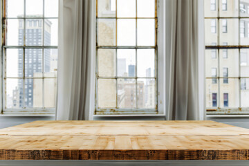 Fototapeta premium Empty wooden table top with big windows showing buildings city view in background
