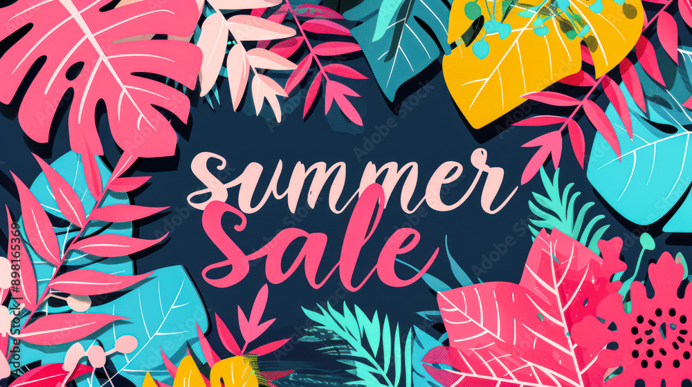 Wall mural Summer sale banner with pink, blue, lilac tropical leaves on dark blue background, exotic floral design for banner, flyer, invitation, poster, web site,greeting card. Summer special offer illustration