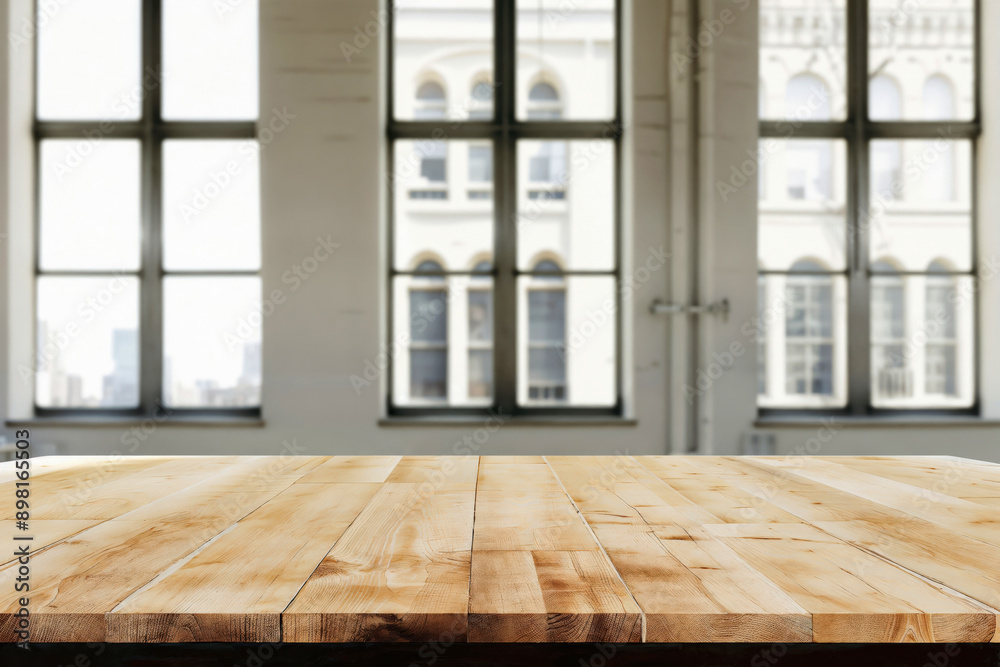 Aufkleber Empty wooden tabletop perfect for displaying products with a blurred building background
