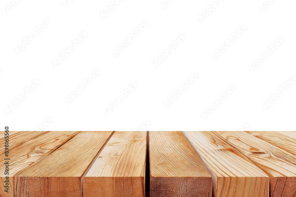 Poster empty wooden tabletop on isolated white background for product placement