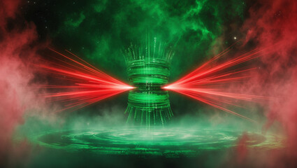 Green and red data flow interaction in cyberspace.